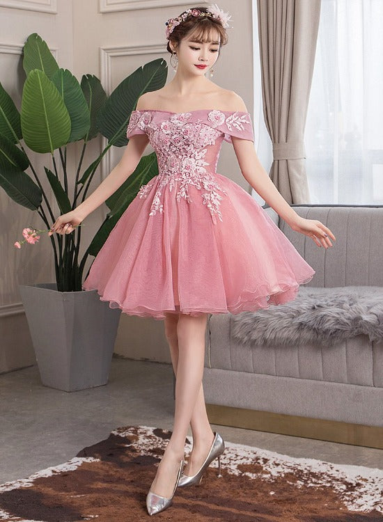 Lovely Pink Lace Applique Off Shoulder Cute Party Dress Homecoming Dress, Short Formal Dress