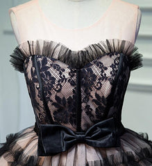 Lovely Pink and Black Short Party Dress with Bow, Cute Black Homecoming Dresses