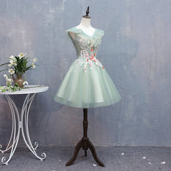 Lovely Short Tulle V-neckline with Flower Lace Party Dress Homecoming Dress, Short Formal Dresses