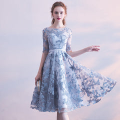 Lovely Sliver Grey Lace Short Sleeves Homecoming Dress, Lace Grey Bridesmaid Dress