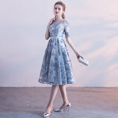 Lovely Sliver Grey Lace Short Sleeves Homecoming Dress, Lace Grey Bridesmaid Dress
