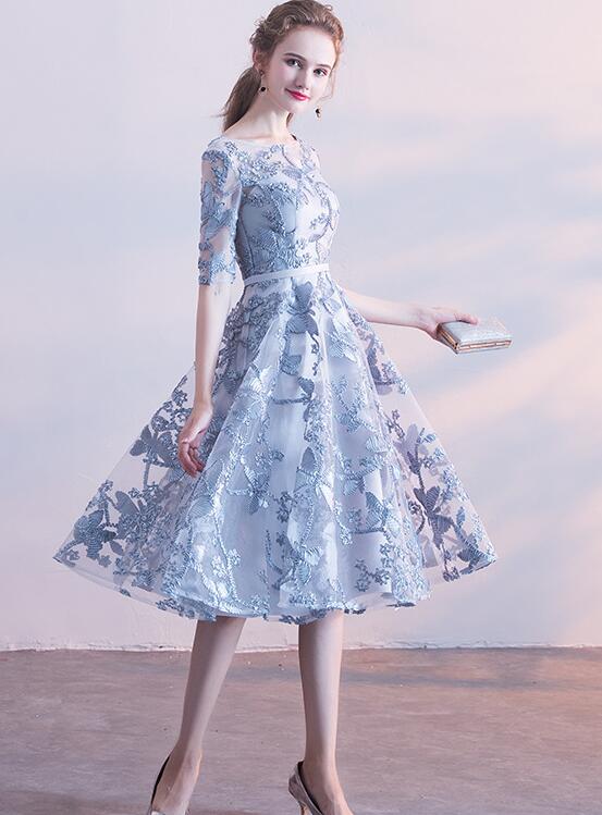 Lovely Sliver Grey Lace Short Sleeves Homecoming Dress, Lace Grey Bridesmaid Dress