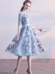 Lovely Sliver Grey Lace Short Sleeves Homecoming Dress, Lace Grey Bridesmaid Dress