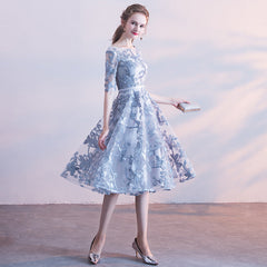 Lovely Sliver Grey Lace Short Sleeves Homecoming Dress, Lace Grey Bridesmaid Dress