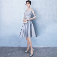 Lovely Sliver Grey Satin and Lace Short Sleeves Homecoming Dress, Short Party Dress Prom Dress