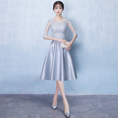 Lovely Sliver Grey Satin and Lace Short Sleeves Homecoming Dress, Short Party Dress Prom Dress