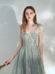 Lovely Straps Sweetheart Tulle Shiny Tulle Long Formal Dress, Cute Long Party Dresses