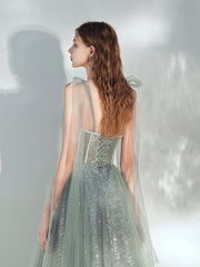 Lovely Straps Sweetheart Tulle Shiny Tulle Long Formal Dress, Cute Long Party Dresses