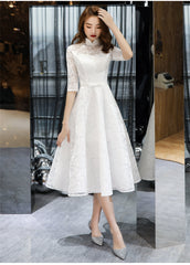Lovely White Tea Length Lace Simple Short Sleeves Party Dress, White Lace Wedding Party Dress Graduation Dress