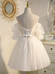 Lovely White Tulle with Lace V-neckline Short Prom Dress Party Dress, Cute Homecoming Dress
