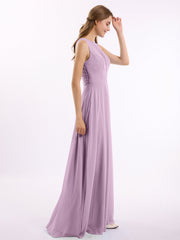 Lace Deep V-neck and Back Chiffon Long Dresses-Wisteria
