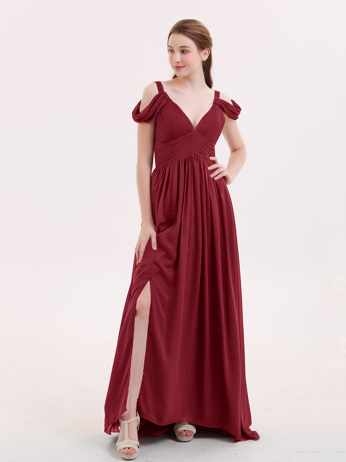 Deep V Neck Sexy Chiffon Dress with Slit-Burgundy