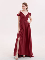 Deep V Neck Sexy Chiffon Dress with Slit-Burgundy