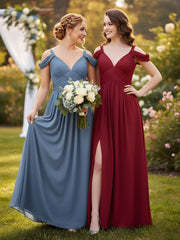 Deep V Neck Sexy Chiffon Dress with Slit-Burgundy