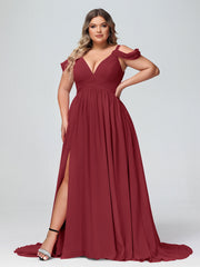 Deep V Neck Sexy Chiffon Dress with Slit-Burgundy
