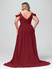 Deep V Neck Sexy Chiffon Dress with Slit-Burgundy