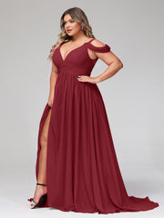 Deep V Neck Sexy Chiffon Dress with Slit-Burgundy