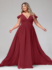 Deep V Neck Sexy Chiffon Dress with Slit-Burgundy