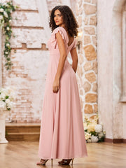 V-neck A-line Flutter Sleeves Long Chiffon Dresses Dusty Rose