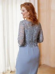 Lace Sheath Ruffles Long Sleeves Dress Dusty Blue