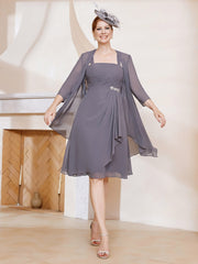 A-Line Chiffon Knee-length Dress With Jacket Steel Grey