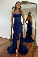 Light Blue Mermaid Strapless Lace Up Long Beaded Prom Dresses