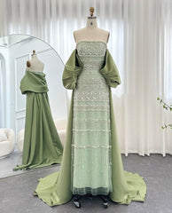 Vintage Shiny Beaded Strapless Sheath Cape Design Long Prom Dress Evening Dress HZ1024