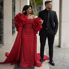 Gorgeous Burgundy Beaded Strapless Cape Design Sheath Long Prom Dress Evening Dress HZ1024