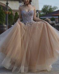 Luxury Sequins Beaded Sweetheart Tulle Prom Long Dresses