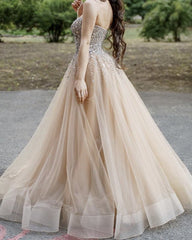 Luxury Sequins Beaded Sweetheart Tulle Prom Long Dresses