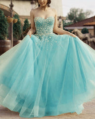 Luxury Sequins Beaded Sweetheart Tulle Prom Long Dresses