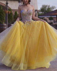 Luxury Sequins Beaded Sweetheart Tulle Prom Long Dresses