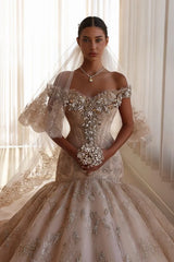 Luxury Off-the-Shoulder Mermaid Wedding Dress Lace with Crystals