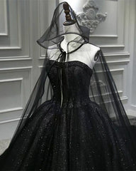 Luxury Ball Gown Sequin Black Wedding Dresses Gothic With Cape Veil