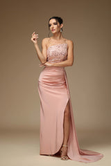 Luxury Blush Prom Dresses with Sequin Satin Fabric One Shoulder and Ruched High Slit