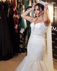 Princess Long Mermaid Lace Wedding Dresses Tulle Straps with Applique