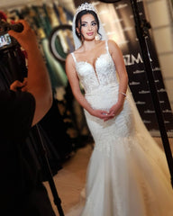 Princess Long Mermaid Lace Wedding Dresses Tulle Straps with Applique