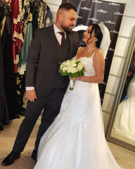 Princess Long Mermaid Lace Wedding Dresses Tulle Straps with Applique
