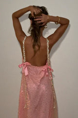 Luxury Pink Prom Dresses with Sequin Beaded Straps and Back Bows