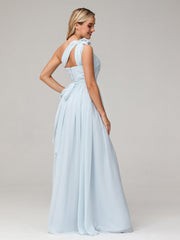 One Flower Shoulder Chiffon Dresses with Pocket Mist