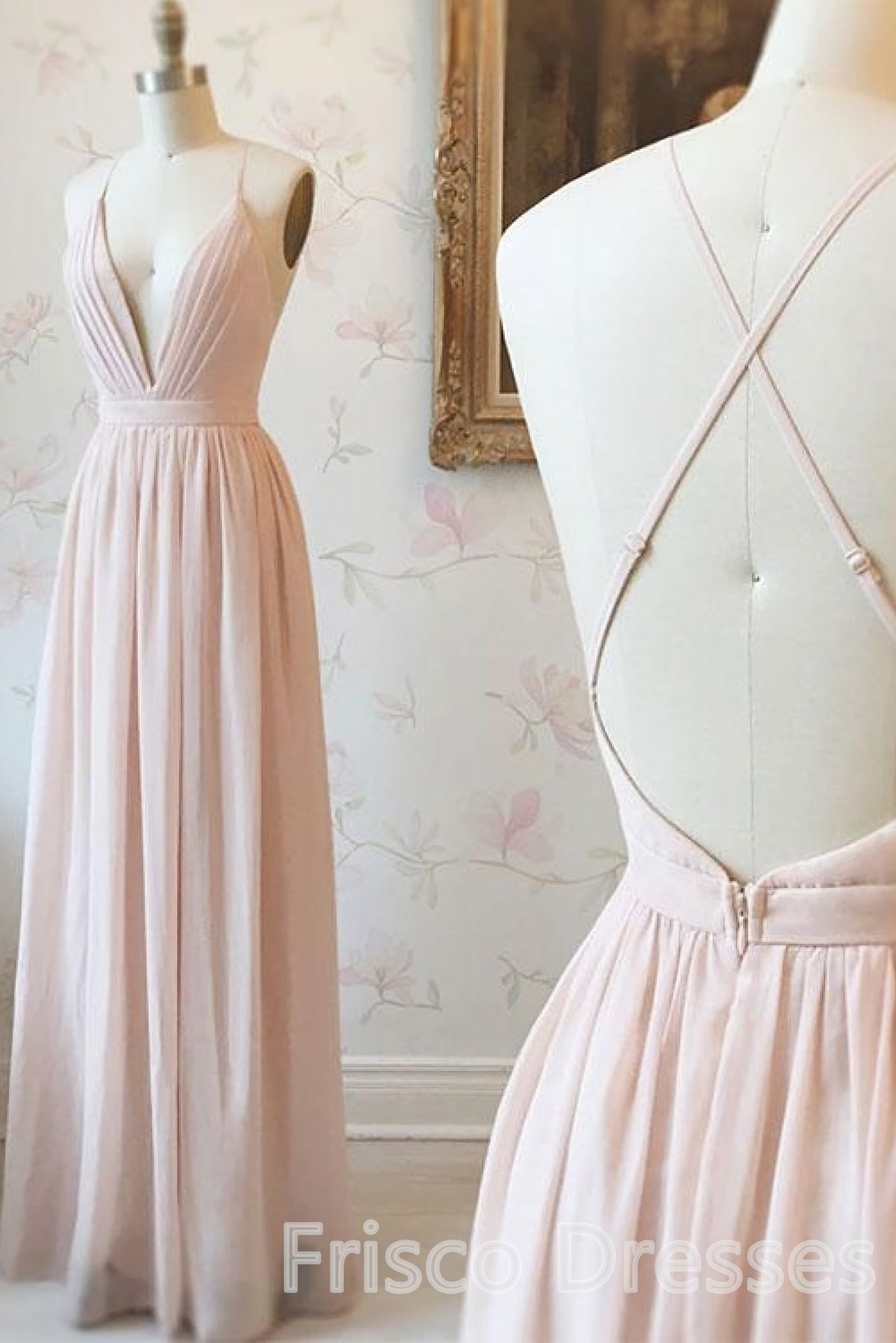 Eenvoudige v-hals rits achterste vloer lengte roze chiffon lange elegante bruidsmeisje jurken