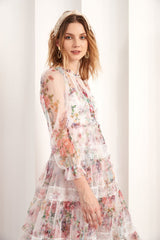 3/4 Length Sleeves Floral Printed Tulle with Lace Trims Tea-Length Prom Dresses