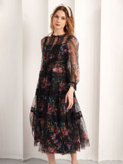 Black Floral Printed Tulle with Lace Trims Tea-Length Prom Dresses