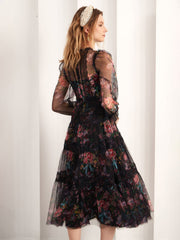 Black Floral Printed Tulle with Lace Trims Tea-Length Prom Dresses