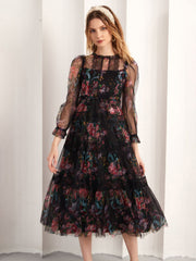 Black Floral Printed Tulle with Lace Trims Tea-Length Prom Dresses