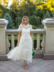 White Frilled Stand Neck Short Sleeves Tulle Tiered Ruffle Prom Dresses