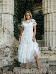 White Frilled Stand Neck Short Sleeves Tulle Tiered Ruffle Prom Dresses