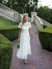 White Frilled Stand Neck Short Sleeves Tulle Tiered Ruffle Prom Dresses