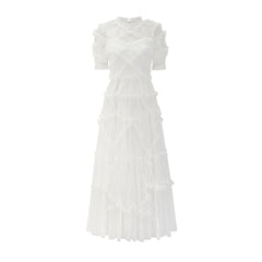 White Frilled Stand Neck Short Sleeves Tulle Tiered Ruffle Prom Dresses
