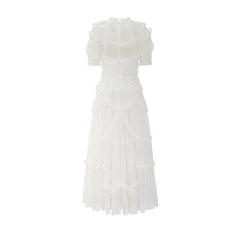 White Frilled Stand Neck Short Sleeves Tulle Tiered Ruffle Prom Dresses